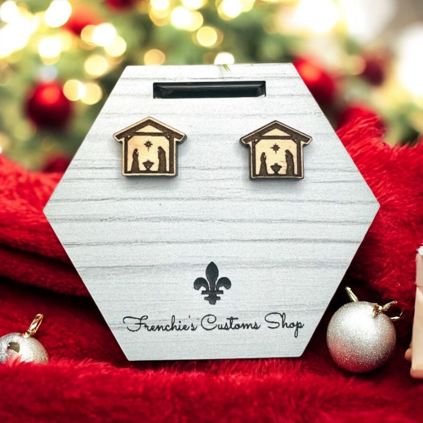 Wood Stud Earrings, Farmhouse stud earrings, Nativity earrings, Religious Jewelry, Gift for Christmas, Gift for mom