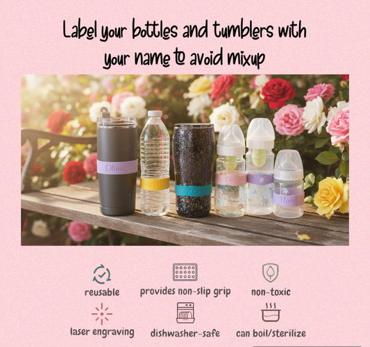 Personalized Engraved Silicone Bottle Label, Reusable Band and Eco Friendly-Pack of 2