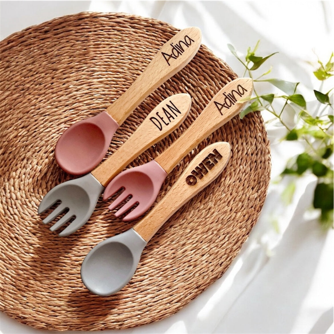 Personalized Silicone and Wood utensil set for baby, Engraved first utensil set for toddler, Gift for New Mom, Gift for Baby Shower
