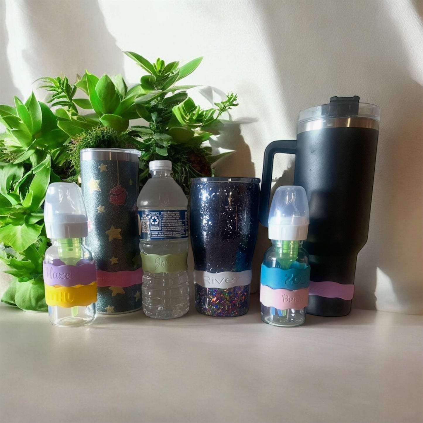 Pack of 4 Bottle Personalized bands, Silicone Label, Water Bottle Label, Reusable label , Engraved Cup Label, School Label, Daycare Label