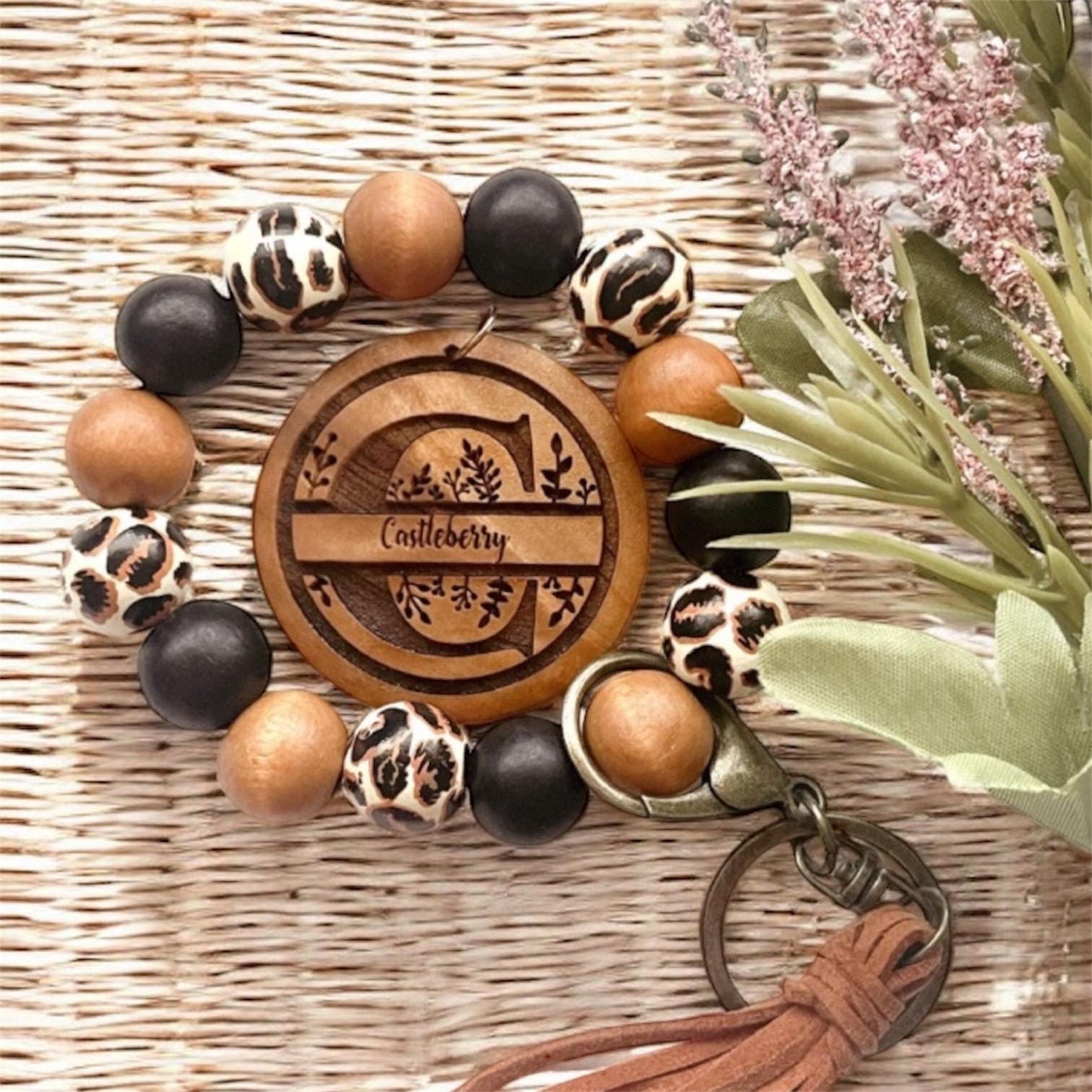 Personalized Wristlet Keychain, Engraved Keychain, Wood Bead Keychain, Bracelet Keychain, Gift for Her, Gift for Mom, Monogram Keychain