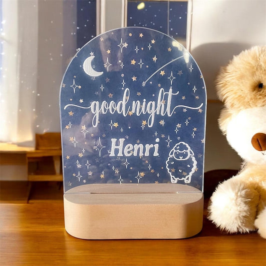 Personalized Kids Night Light | Wooden Base Lamp | Custom “Good Night” in English or French | Nursery Decor | Baby Gift | Color Changing