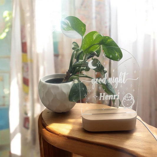 Personalized Kids Night Light | Wooden Base Lamp | Custom “Good Night” in English or French | Nursery Decor | Baby Gift | Color Changing
