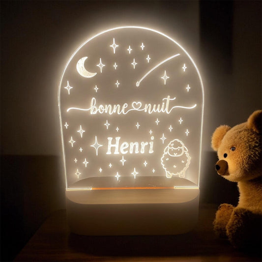 Personalized Kids Night Light | Wooden Base Lamp | Custom “Good Night” in English or French | Nursery Decor | Baby Gift | Color Changing