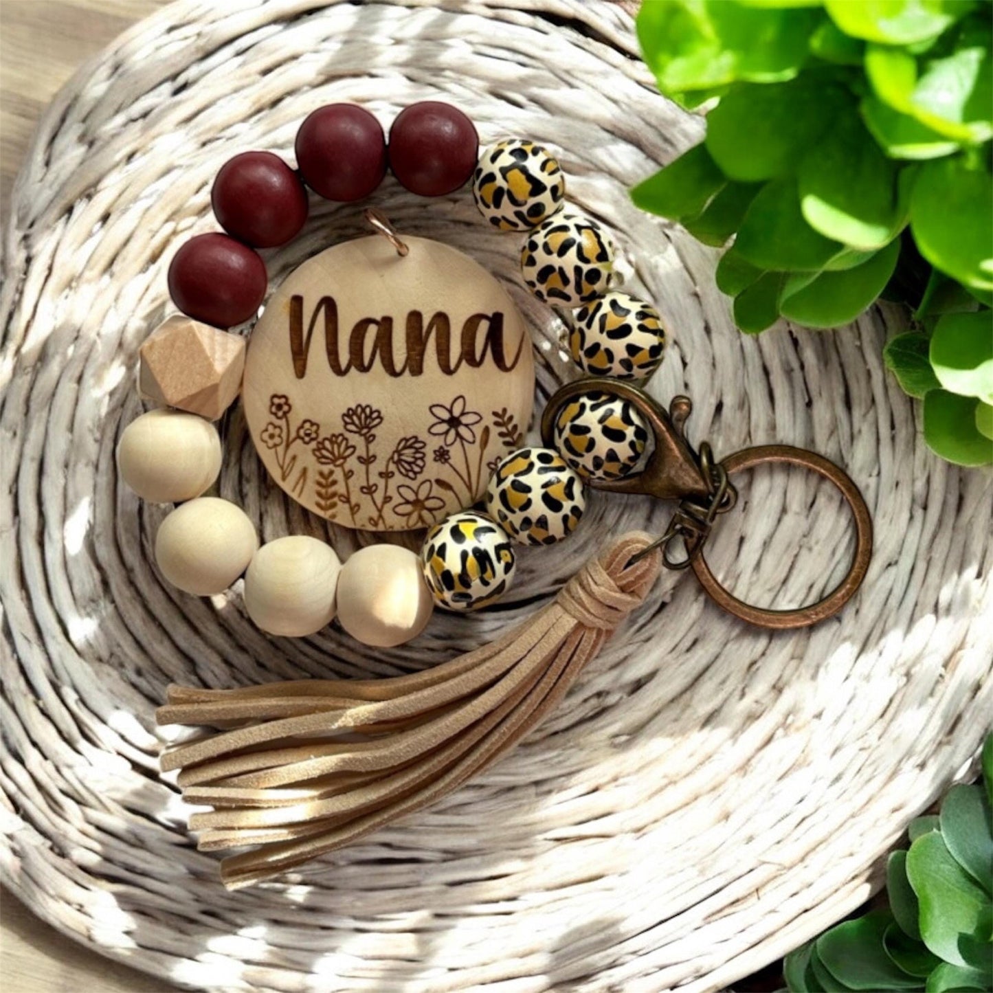 Personalized Wristlet Keychain – Leopard & Floral Gift for Mom