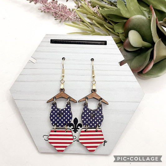 Wood Dangle Earrings, Patriotic Earrings, American Flag Earrings Dangle, Fourth of July Jewelry, Gift under 20