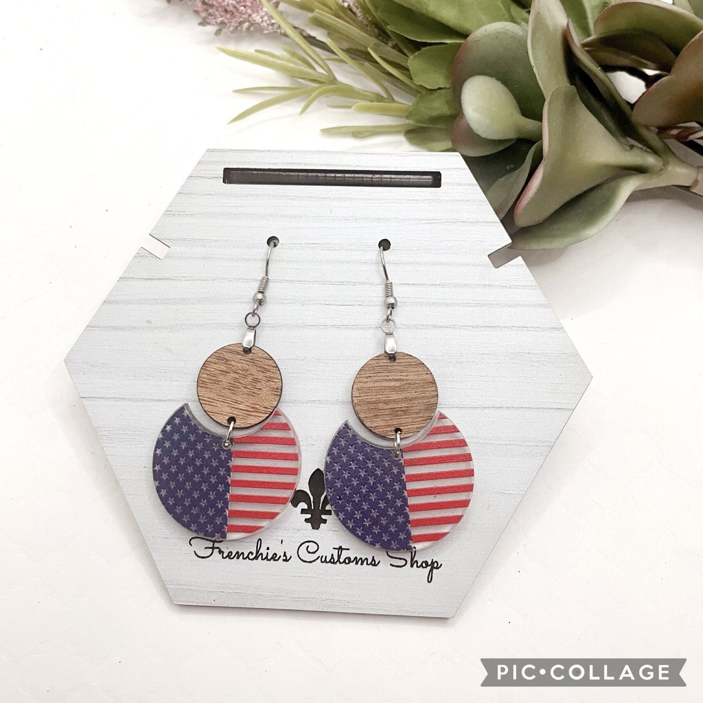 Wood Dangle Earrings, Patriotic Earrings, American Flag Earrings Dangle, Fourth of July Jewelry, Gift under 20