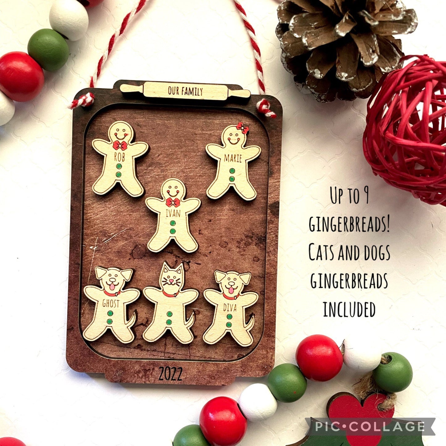 Personalized Gingerbread Family and Pets Wood Ornament/ Pet Lovers/ Dog puppy Christmas Tree decorations/ Cat kitties ornament