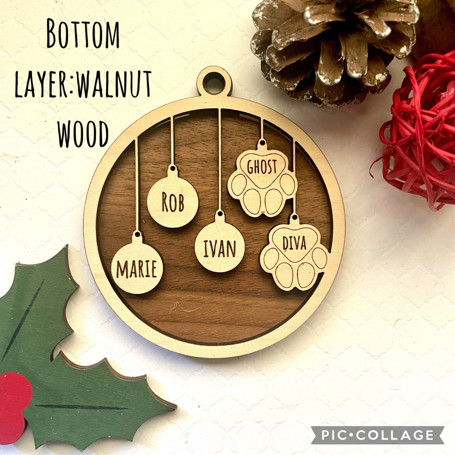 Custom Engraved Personalized family and pets Wood Ornament/ Pet Lovers/ Dog puppy Christmas Tree decorations/ Cat kitties ornament