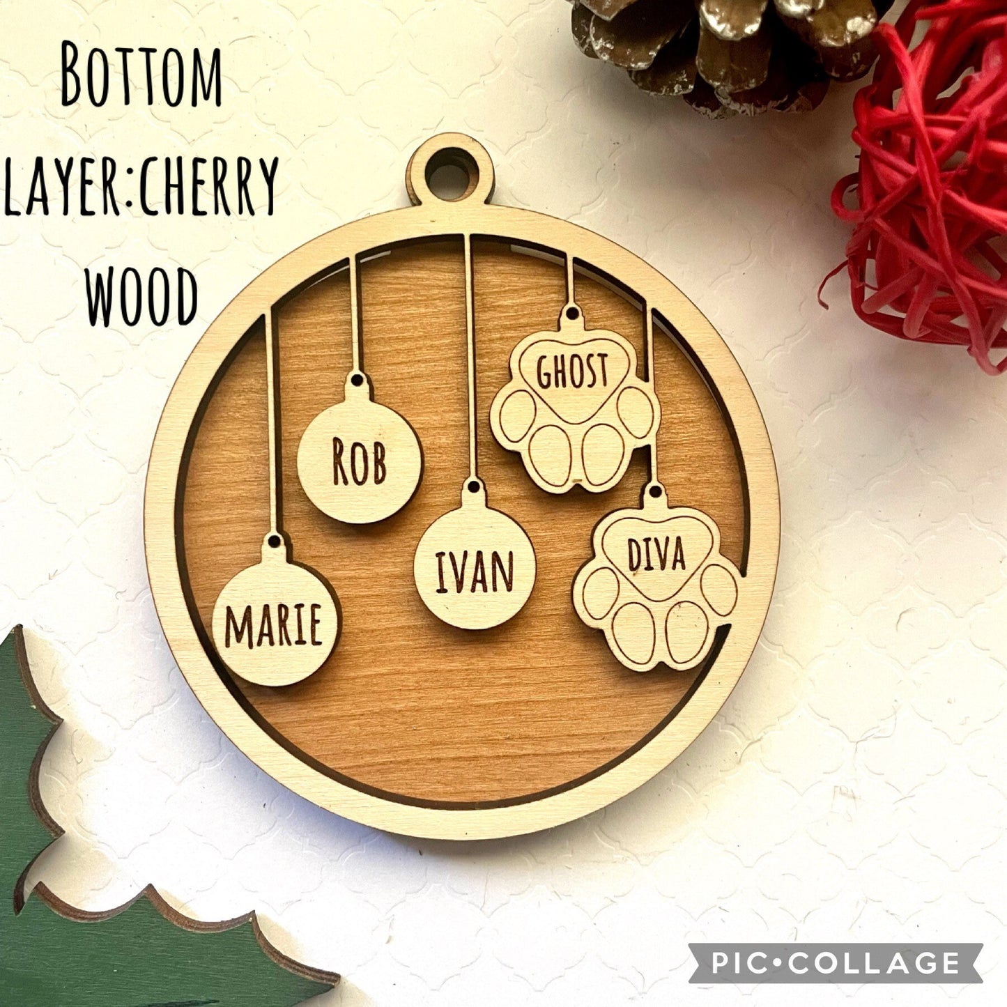 Custom Engraved Personalized family and pets Wood Ornament/ Pet Lovers/ Dog puppy Christmas Tree decorations/ Cat kitties ornament