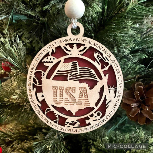 Christmas Ornament, USA Ornament, Wooden Ornament, Patriotic Ornament, Holiday Ornament, Engraved Ornament, Holiday Home Decor