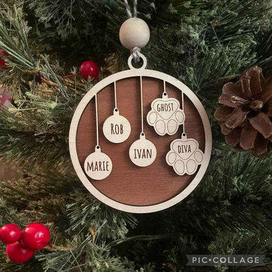 Custom Engraved Personalized family and pets Wood Ornament/ Pet Lovers/ Dog puppy Christmas Tree decorations/ Cat kitties ornament