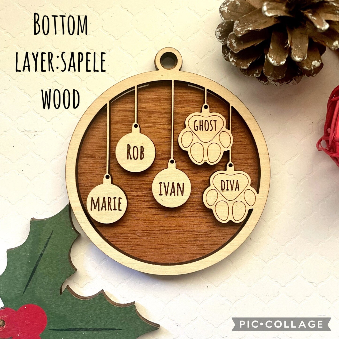 Custom Engraved Personalized family and pets Wood Ornament/ Pet Lovers/ Dog puppy Christmas Tree decorations/ Cat kitties ornament