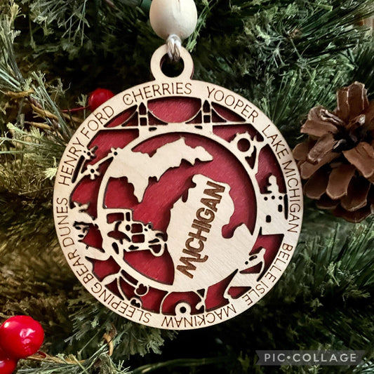 Christmas Ornament, Michigan Ornament, Wooden Ornament, Patriotic Ornament, Holiday Ornament, Engraved Ornament, Holiday Home Decor