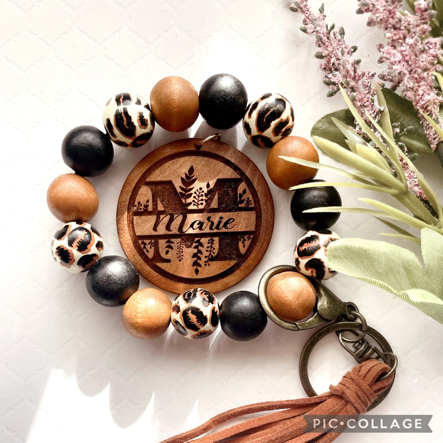 Personalized Wristlet Keychain, Engraved Keychain, Wood Bead Keychain, Bracelet Keychain, Gift for Her, Gift for Mom, Monogram Keychain