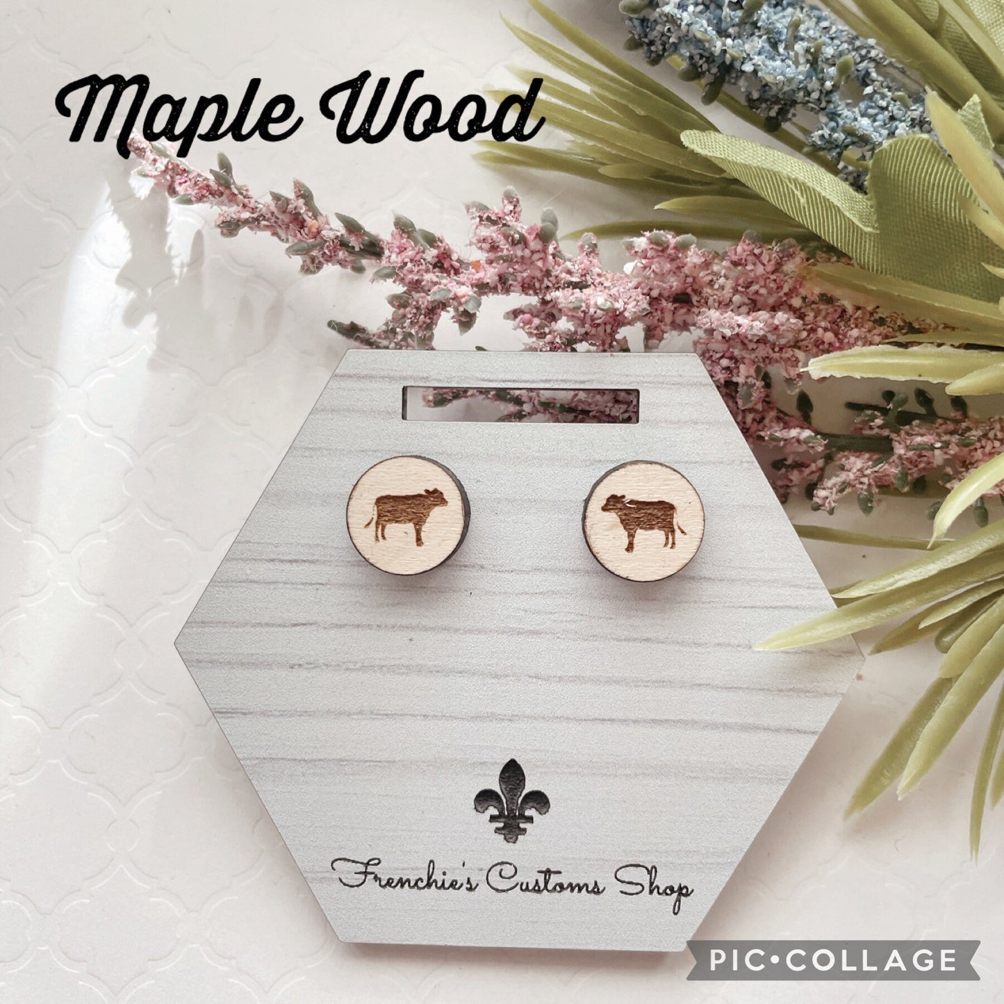 Wood Stud Earrings, Farmhouse stud Cow earrings, Cow Lovers Gift, Farm Animal earrings, Christmas earrings, Animal Lovers, Country Decor