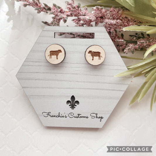 Wood Stud Earrings, Farmhouse stud Cow earrings, Cow Lovers Gift, Farm Animal earrings, Christmas earrings, Animal Lovers, Country Decor