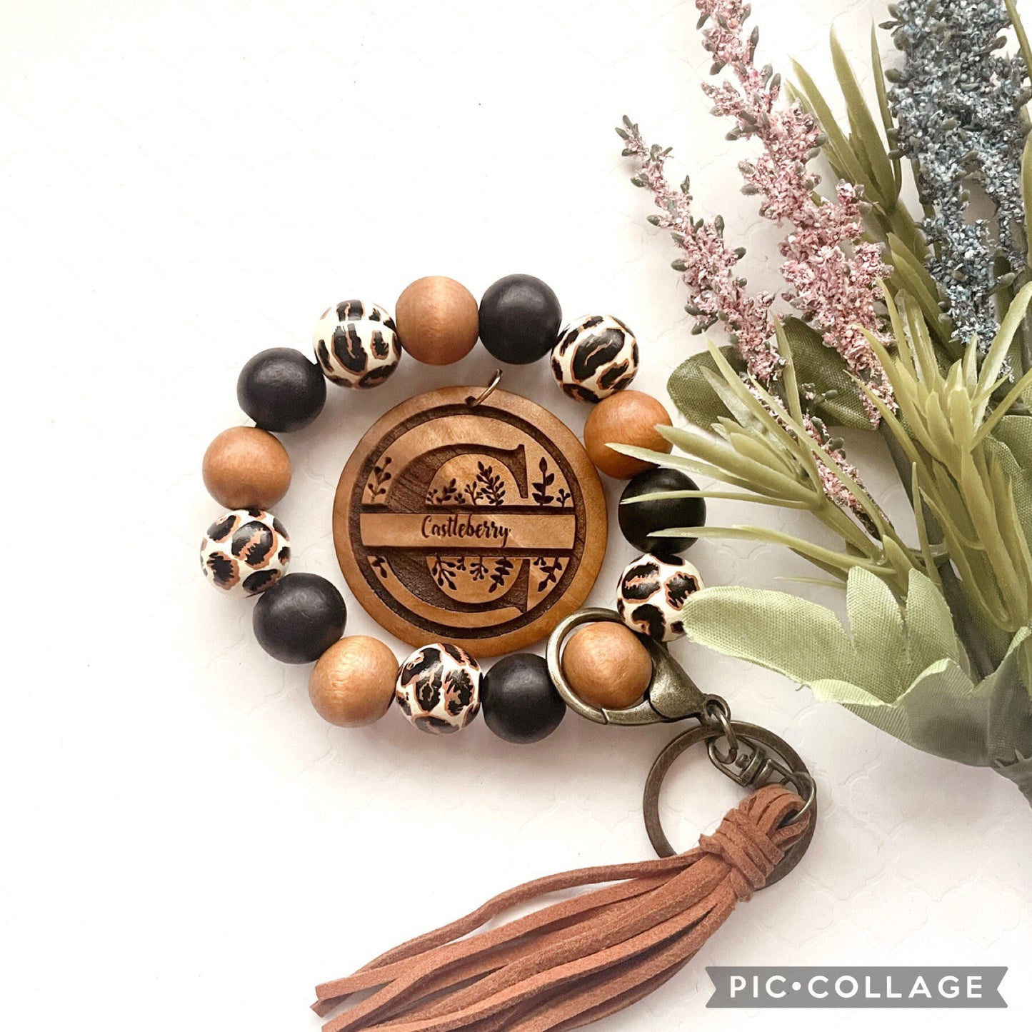 Personalized Wristlet Keychain, Engraved Keychain, Wood Bead Keychain, Bracelet Keychain, Gift for Her, Gift for Mom, Monogram Keychain