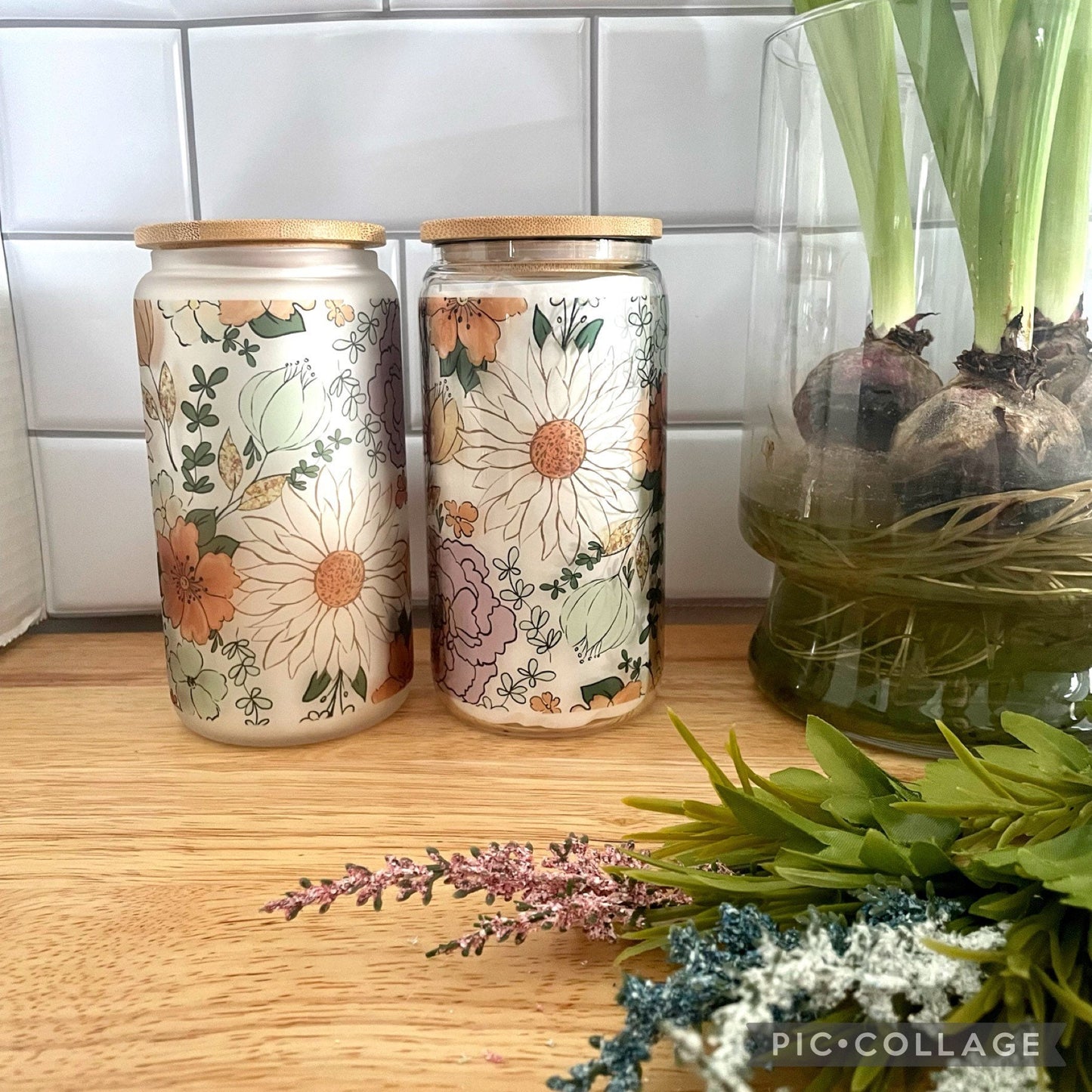 Glass Can Flower Tumbler, Glass cup with straw, Floral tumbler 16oz, Gift for Mother’s Day, Gift for Bridal Party, Birthday Gift for Her