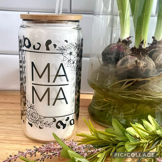 Glass Can Mama Leopard Glass cup with straw, tumbler 16oz, Gift for Mother’s Day, Gift for Bridal Party, Birthday Gift for Her