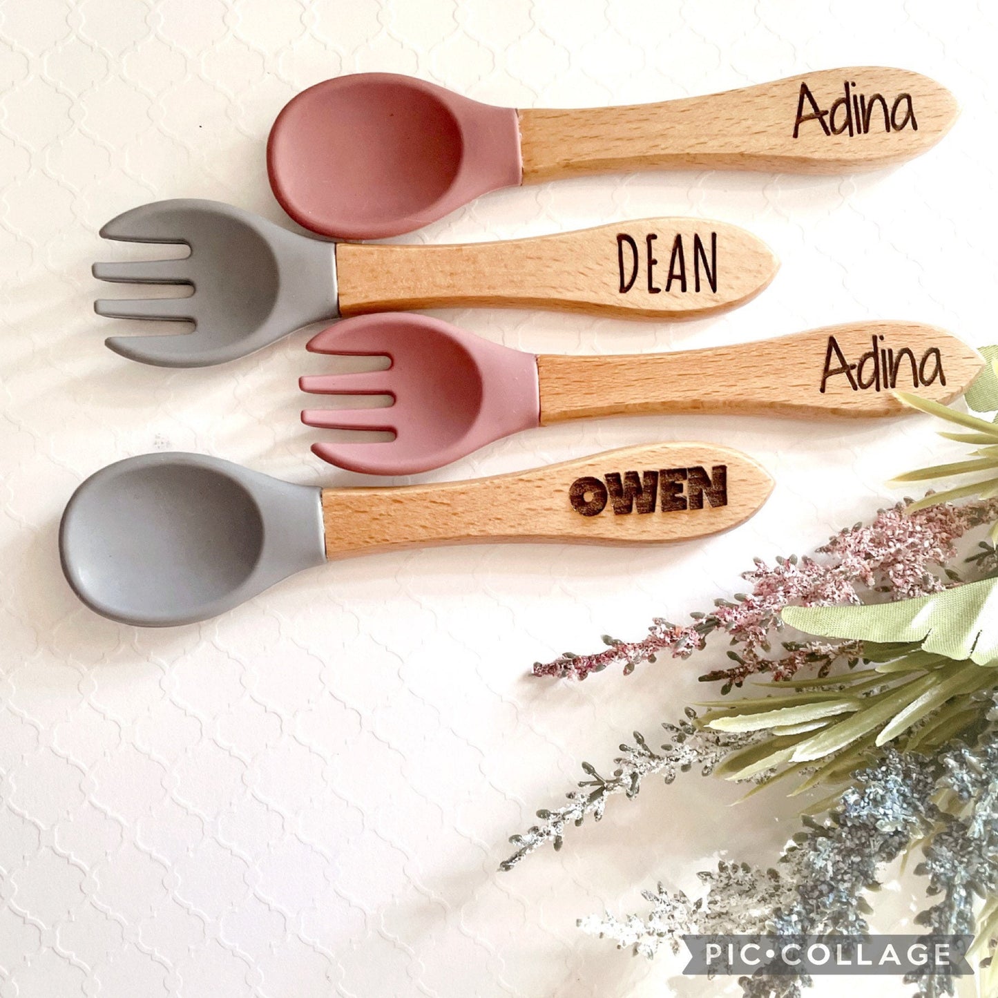 Personalized Silicone and Wood utensil set for baby, Engraved first utensil set for toddler, Gift for New Mom, Gift for Baby Shower