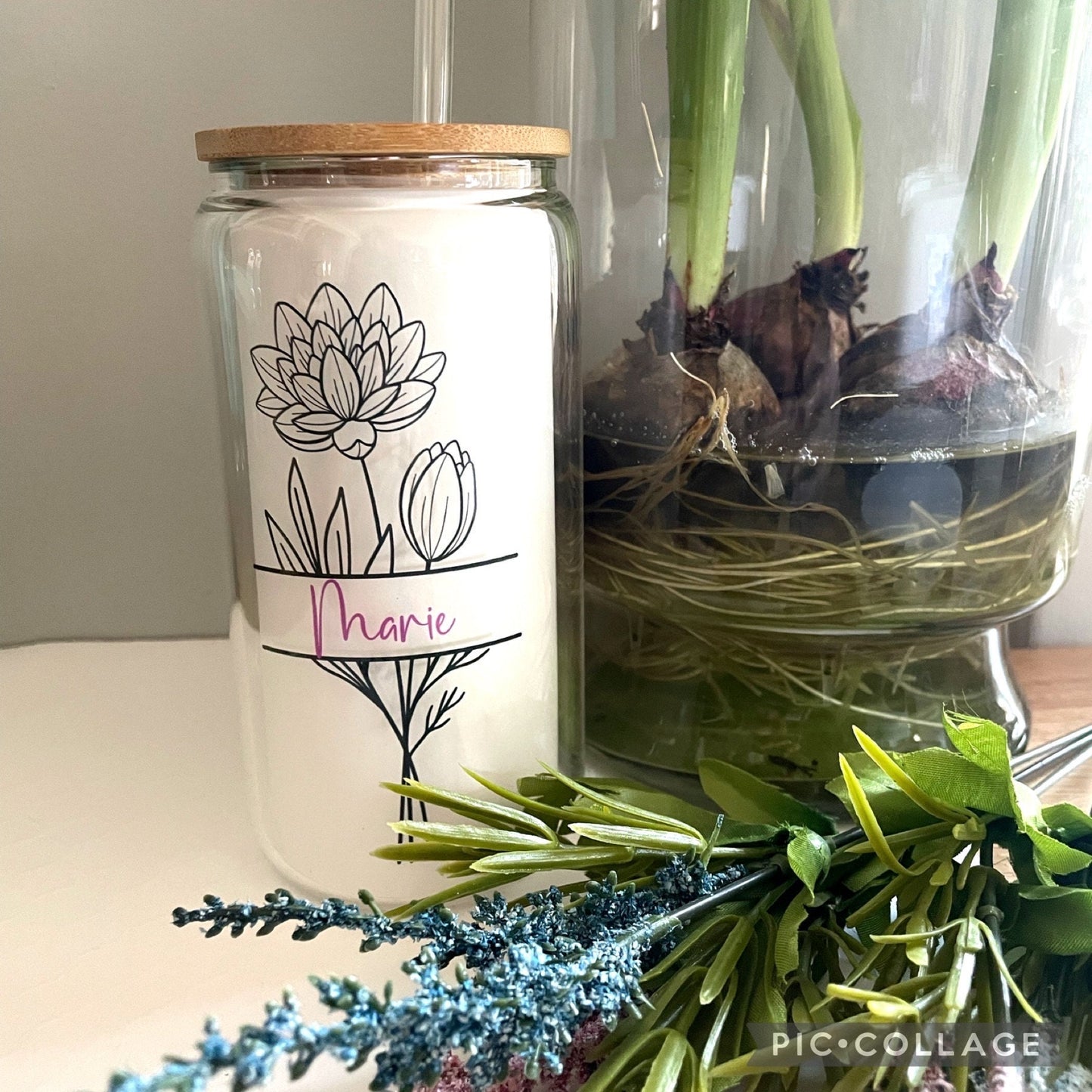 Glass Can Birth Month Flower Personalized Glass cup with straw, tumbler 16oz, Gift for Mother’s Day, Gift for Bridal Party, Birthday Gift fo