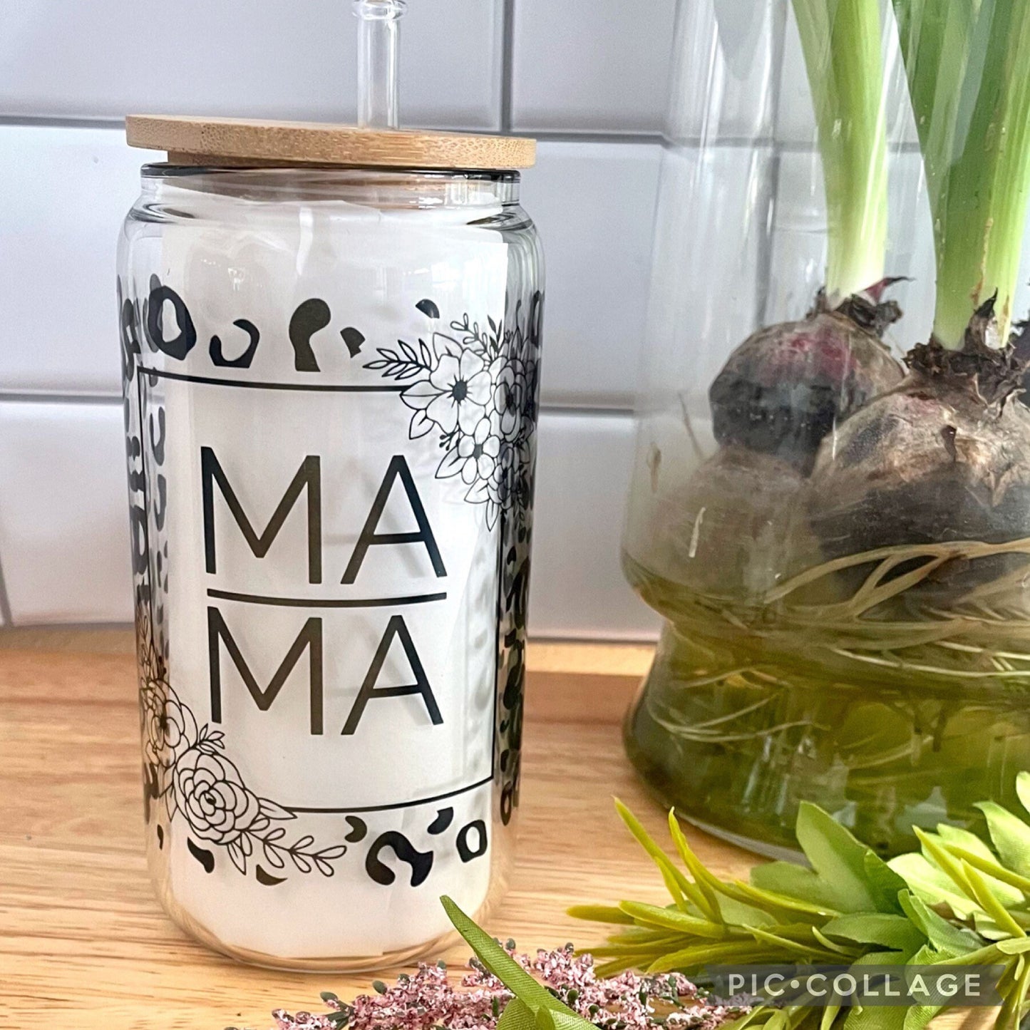 Glass Can Mama Leopard Glass cup with straw, tumbler 16oz, Gift for Mother’s Day, Gift for Bridal Party, Birthday Gift for Her