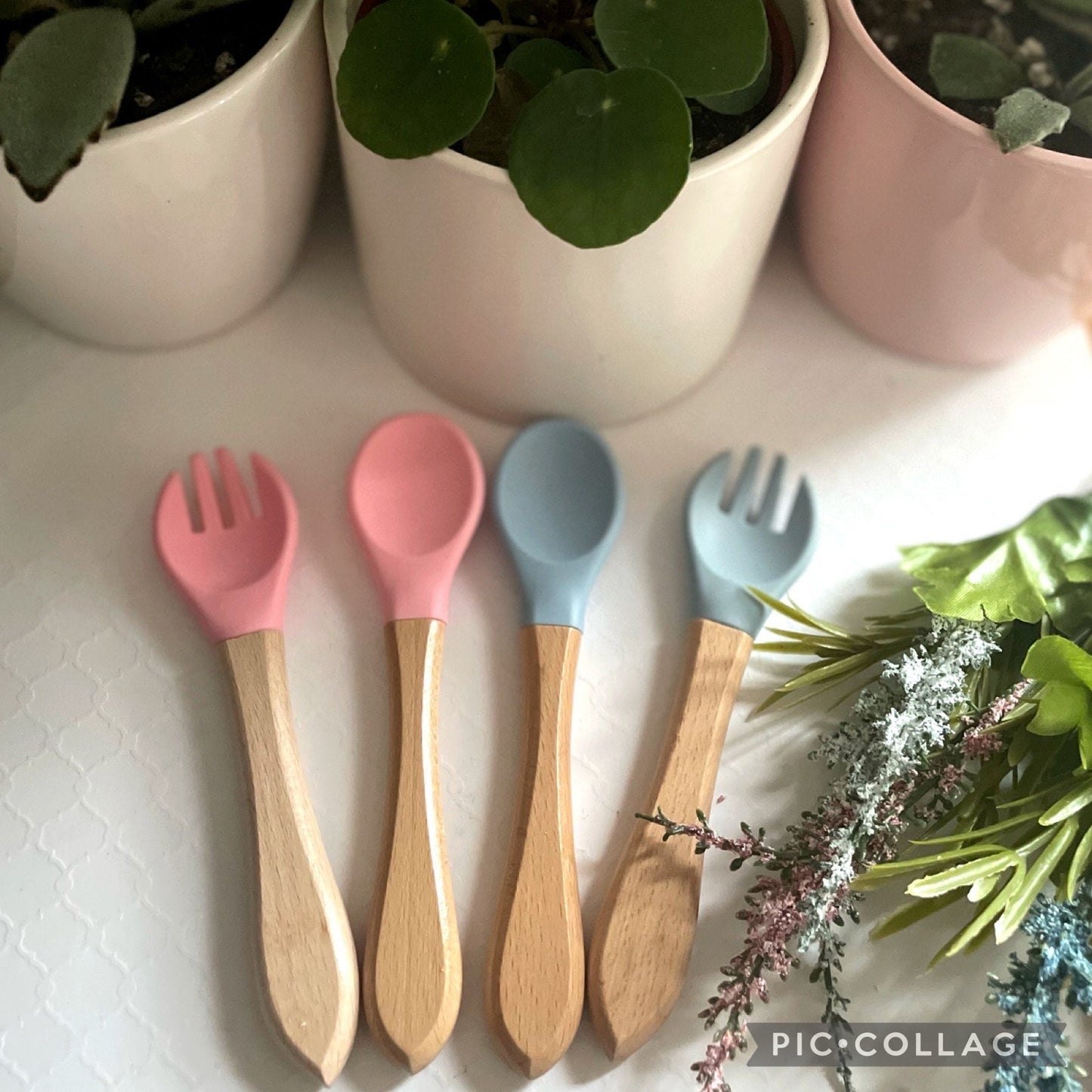 Personalized Silicone and Wood utensil set for baby, Engraved first utensil set for toddler, Gift for New Mom, Gift for Baby Shower