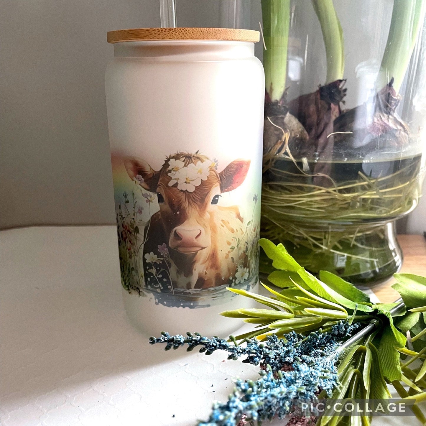 Glass Can Cow, Spring Floral Glass cup with straw, tumbler 16oz, Gift for Mother’s Day, Gift for Bridal Party, Birthday Gift for Cow Lover