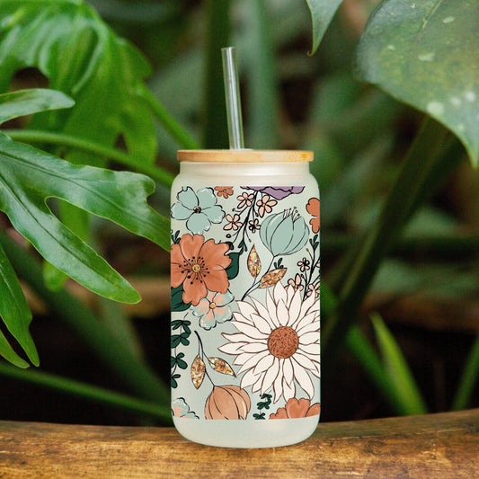 Glass Can Flower Tumbler, Glass cup with straw, Floral tumbler 16oz, Gift for Mother’s Day, Gift for Bridal Party, Birthday Gift for Her