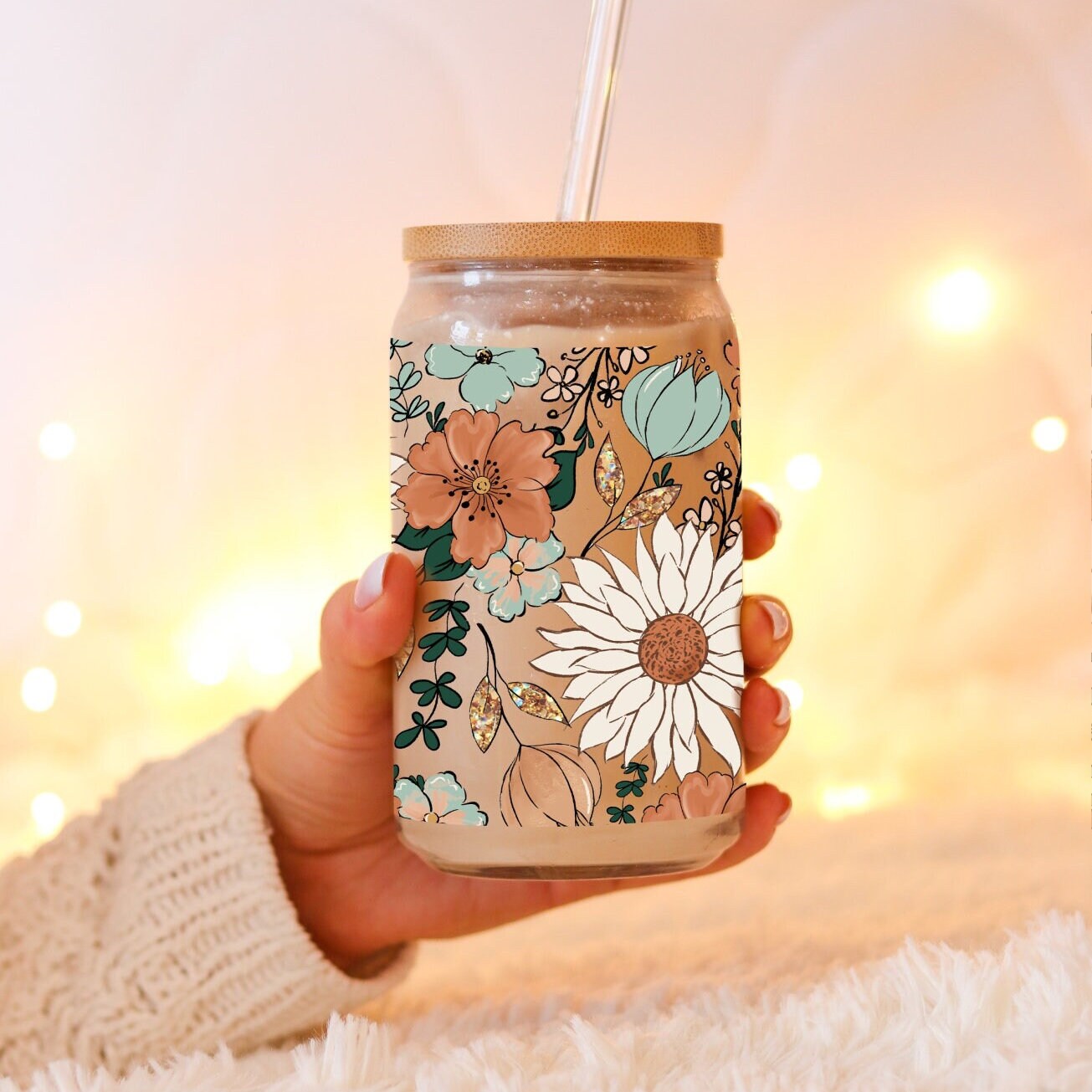 Glass Can Flower Tumbler, Glass cup with straw, Floral tumbler 16oz, Gift for Mother’s Day, Gift for Bridal Party, Birthday Gift for Her