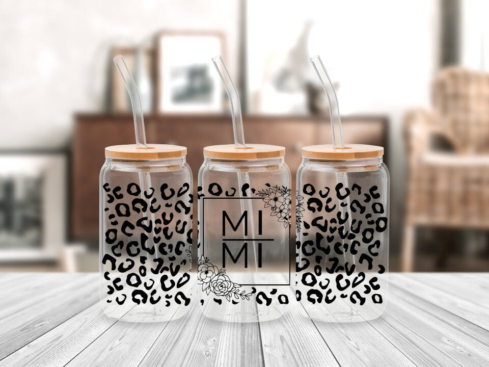 Glass Can Mama Leopard Glass cup with straw, tumbler 16oz, Gift for Mother’s Day, Mimi Leopard Glass Can, Birthday Gift for Mom