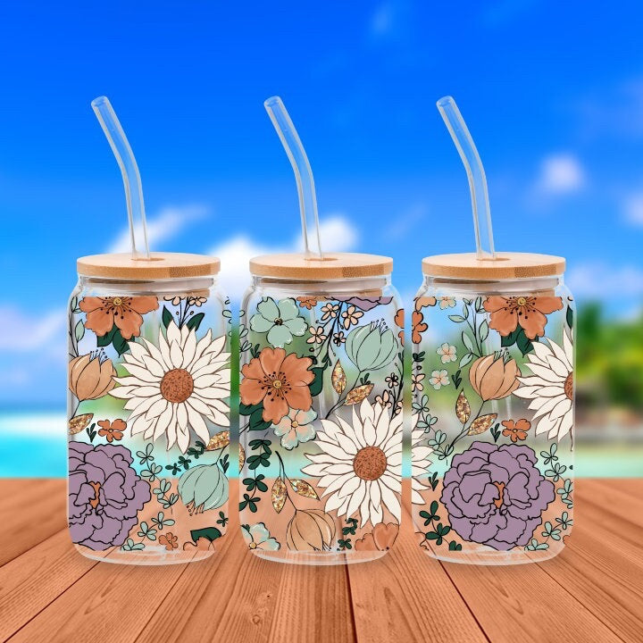 Glass Can Flower Tumbler, Glass cup with straw, Floral tumbler 16oz, Gift for Mother’s Day, Gift for Bridal Party, Birthday Gift for Her