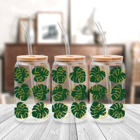 Glass Can Monstera Tumbler, Glass cup with straw,Plant Lover tumbler 16oz, Gift for Mother’s Day, Gift for Plant Mom, Birthday Gift for Her