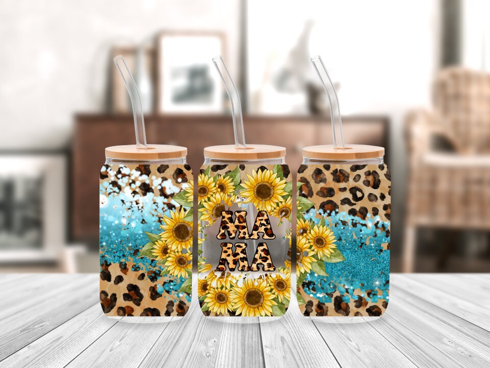 Glass Can Mama Leopard Glass cup with straw, tumbler 16oz, Gift for Mother’s Day, Gift for Bridal Party, Birthday Gift for Her