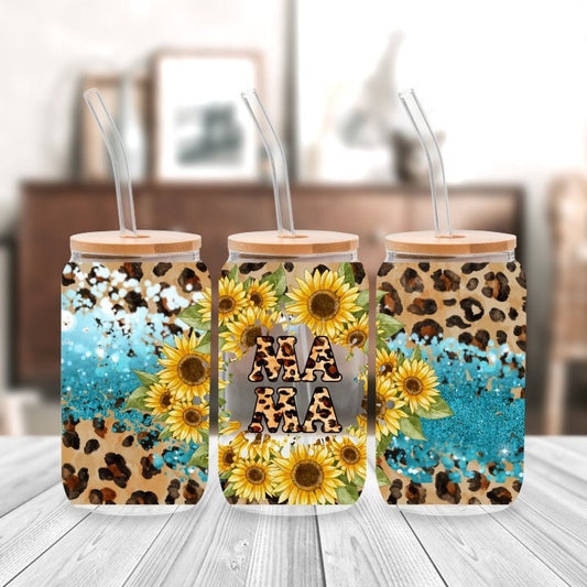 Glass Can Mama Leopard Glass cup with straw, tumbler 16oz, Gift for Mother’s Day, Gift for Bridal Party, Birthday Gift for Her